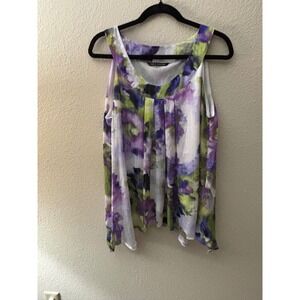 Zac & Rachel Floral Print Tank Top Sleeveless Purple‎ Green Casual Blouse(A561)